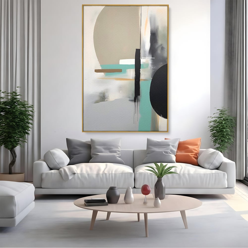 Tablou canvas cu tablou canvas cu forme abstracte, in rama de aluminiu auriu, pe perete intr-un living